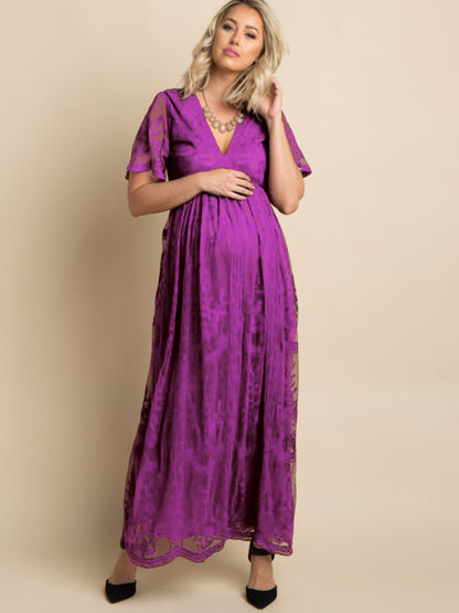 Maternity clothes-Woven short-sleeved V-neck lace long dress Purple