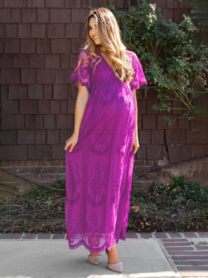 Maternity clothes-Woven short-sleeved V-neck lace long dress