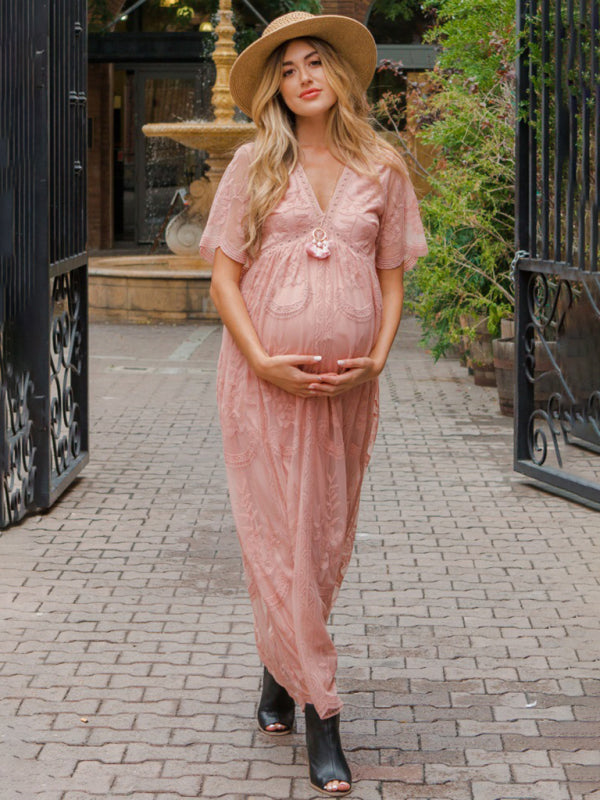 Maternity clothes-Woven short-sleeved V-neck lace long dress