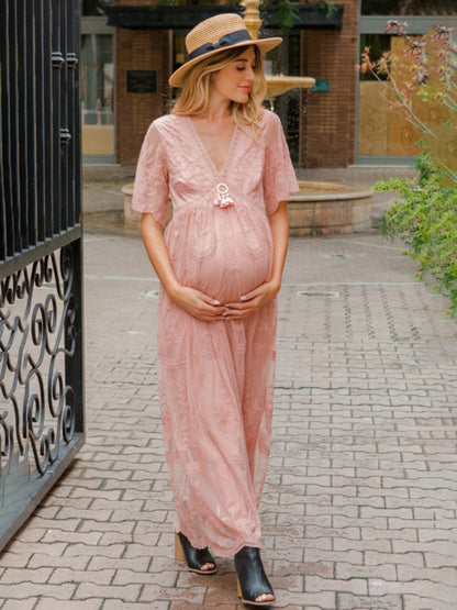 Maternity clothes-Woven short-sleeved V-neck lace long dress