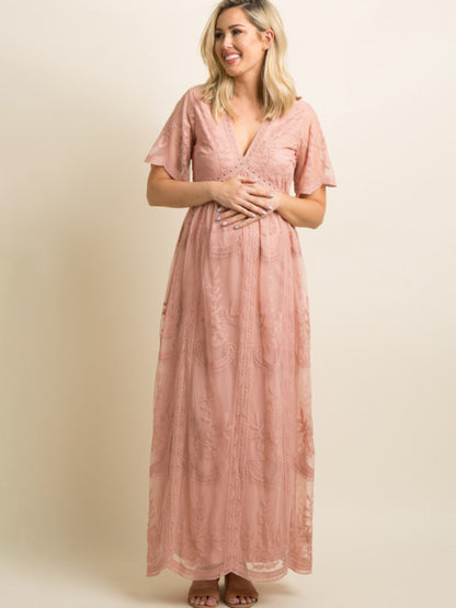 Maternity clothes-Woven short-sleeved V-neck lace long dress Pink