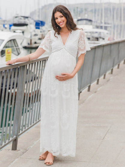 Maternity clothes-Woven short-sleeved V-neck lace long dress