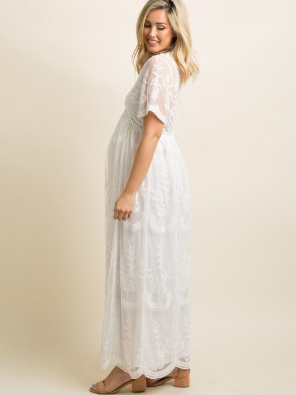 Maternity clothes-Woven short-sleeved V-neck lace long dress