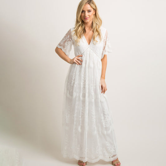 Maternity clothes-Woven short-sleeved V-neck lace long dress White