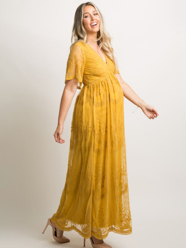 Maternity clothes-Woven short-sleeved V-neck lace long dress Yellow