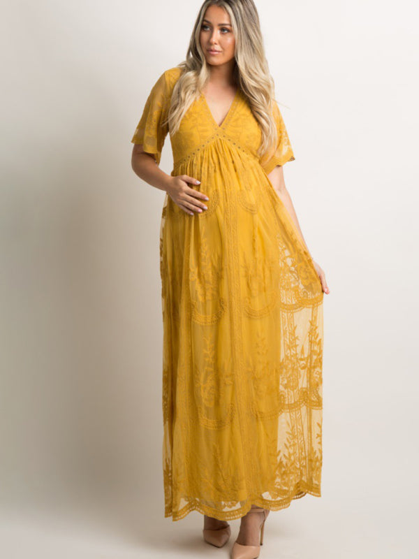 Maternity clothes-Woven short-sleeved V-neck lace long dress