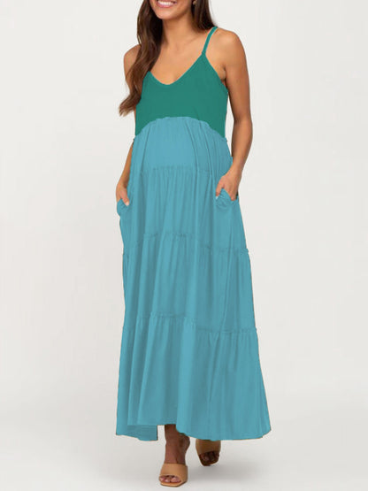 Maternity Sexy Casual Suspender Long Dress Green black jasper