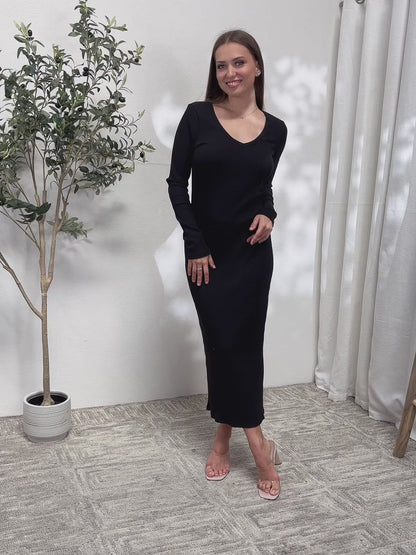 Culture Code Full Size Ribbed Long Sleeve Midi Slit Dress