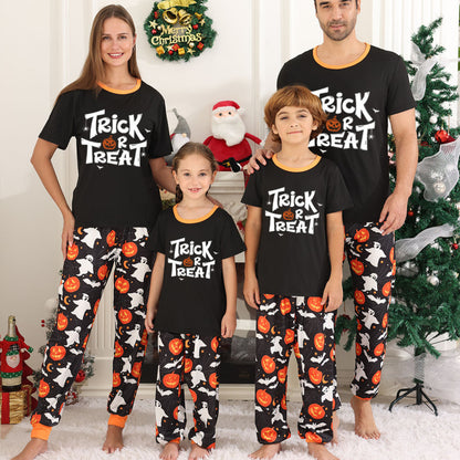 Halloween Christmas parent-child loungewear separates set two-piece pajamas short sleeves and long pants Black